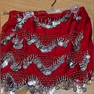 Renaissance Belly Dance Hip Scarf Red With Silver Coins ~New~ Firm Price